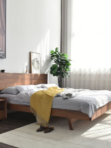 QINGMUTANG | Solid Walnut Wood Bed with High Back Natural Style