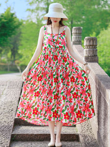 Elegant Floral Print Cotton Silk Dress Womens plus Size Summer New Style Moms Strap Dress Casual Style Midi Length A-Line