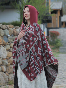 ผ้าคลุมไหล่สไตล์ชาติพันธุ์แบบมีหมวกสำหรับผู้หญิง ฤดูใบไม้ผลิและฤดูใบไม้ร่วง ผ้าคลุมไหล่โพลีเอสเตอร์ ทรงยาว สไตล์ลำลอง