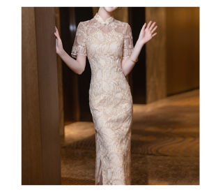 GIFISHLOW Hong Kong Luxury Summer Evening Dress Womens New Chinese Retro Style Lace Improved Cheongsam Midi Dress