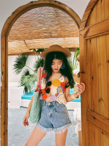 Feng Boss Beachside Fringed Design Denim Shorts Womens White Blue Spicy High Waist Slim A-Line Hotpants Casual High Waist Skidless Wear Non-Stretch Light Jeans Fabric Summer Shorts