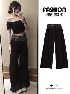 Quần Ống Rộng Kẻ Sọc Đen Cho Nữ Mùa Xuân Thu Mới Nhỏ Nhắn Thiết Kế Ghép Nối Quần Ống Đứng Rộng Rãi Thoải Mái