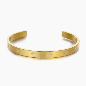Non-Fade Starburst Diamonds Gold Cuff Bangle • Minimalist Stainless Titanium Steel • Gift For Her BR400