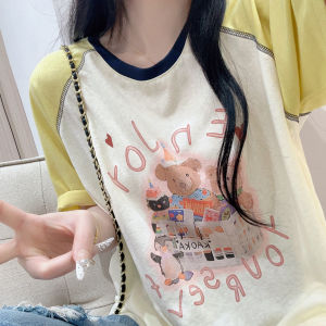 เสื้อยืดคอกลมแขนสั้นผ้าฝ้ายลายการ์ตูนสำหรับผู้หญิงในช่วงฤดูร้อนปี 2025 ระบายอากาศได้ดี ทรงหลวม ใส่สบาย สไตล์เกาหลี