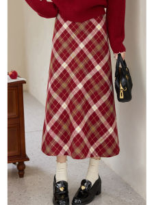 Red Vintage Style Half-length Tweed Skirt Womens Winter Plaid Skirts A-Line Midi Skirt Natural Waist Regular Thickness