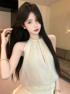 GUZILIAN | French Romantic Pearl Necktie Hollow Out Back Texture Skirt Puffy Dress Korean Style High Waist Summer Short A-Line Dress
