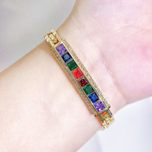 SEQUITO Temperament Women Wrist Jewelry Gold Plated Pave Setting Colorful Princess Cut AAAAA Cubic Zirconia Engagement Bracelet B343