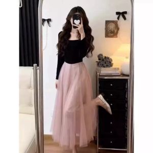 LIRUSHAN | French Style Fitted Waist Pink Long Dress