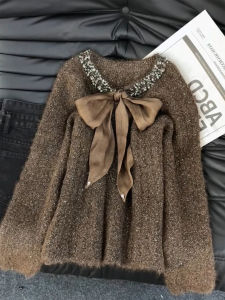 QINGNAER | Large Size Retro Glam V-Neck Sequin Bow Knit Sweater
