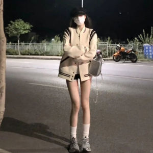 Korean Style Unique Cool Long Sleeve Baseball Jacket High Street Autumn Outerwear Womens Fashion Straight Cut Button up Coat