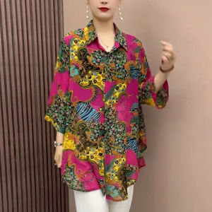 Retro Printed 3/4 Sleeves Sun Protection Shirt for Women 2024 Summer New Floral Print Loose Mid-Length Air-Conditioner Cardigan Tops