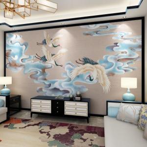 New Chinese Style Cloud Crane TV Background Wall Mural Hotel Living Room Study Wall Sticker Zen Wall Cloth Decorative Wallpaper