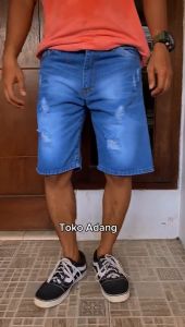 Celana Jeans Pendek Sobek Robek Dengkul Lutut Pria Laki Cowok Cowo Warna Biru Navy Muda Blit Polos Model Terbaru Ukuran Jumbo Besar