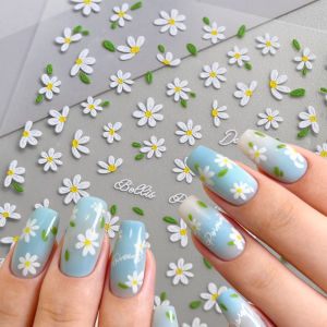1Pcs 5D Embossed Daisy Flower Nail Stickers White Floral Green Leaves Self-Adhesive Nails Decals DIY Spring Manicure Decorations