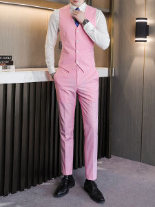 Pink Suit Pants And Vest Set for Men Wedding Photography Business Casual Standard Fit Four Seasons Polyester Viscose Blend