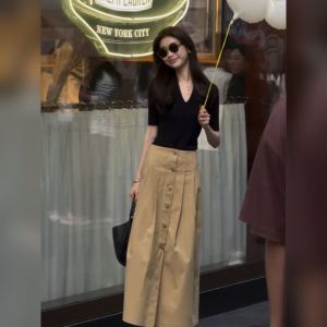 YUFUQING | Black V-neck Short Sleeve Bodycon Dress Two-piece Set Youthful Korean Style Commute Fashion High Waist Polyester Fiber Summer