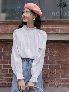 เสื้อเชิ้ตคอตั้งแขนพองสีขาวสไตล์ฝรั่งเศสสำหรับผู้หญิง เสื้อเชิ้ตแขนยาวทรงหลวมสไตล์เรียบง่ายสำหรับฤดูใบไม้ร่วง