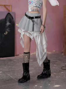 Unifree | Gray Casual Boho Lace Trim Asymmetrical A-line Skirt