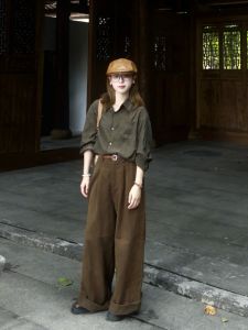 VKSOD | Vintage Loose Long Sleeve Shirt Womens High Waist Straight Leg Pants Two Piece Set Chic Casual Autumn Fashion Hong Kong Style