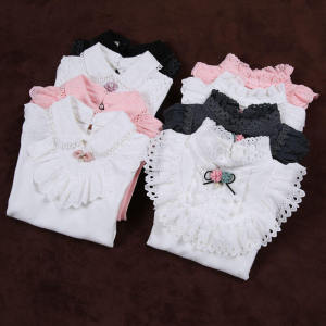Girls Bottoming Shirt Spring and Autumn Childrens Doll Collar Long sleeves Shirt Baby Medium and Big Childrens Turtleneck Lace Cotton Top