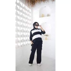 Oneset blaster celana cargo wanita terbaru/Setelan celana+atasan wanita kekinian bahan crinkle airflow size LXLXXL