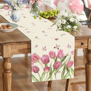 1-Piece Tulip Print Linen Table Runner Washable & Reusable Versatile Coffee & Dining Table Runner