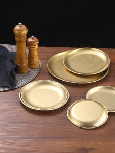 20cm Stainless Steel European Dining Round Plate With Golden Finish Flatware Cake Tray Camping Round Plate