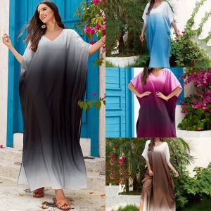 2025 Oversize Bikini Cover Up Women Gradient Color Maxi Dress V-neck Retro Beach Tunic Summer Split Beachwear Bathing Suit