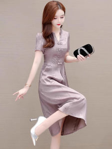 ชุดกี่เพ้าผู้หญิงสไตล์จีนฤดูร้อน 2025 ชุดราตรียาวปานกลาง แขนสั้น กระโปรงทรงเอ เอวสูง ผ้าชีฟอง สีสันสดใส แฟชั่นลำลอง