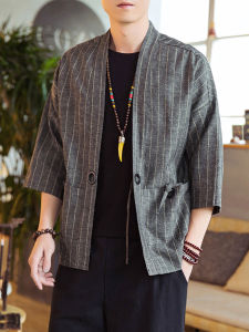 Mens Seven-Quarter Sleeve Striped Linen Thin Homewear Cardigan with Belt Chinese Style Coat Hanfu Casual Summer Outerwear