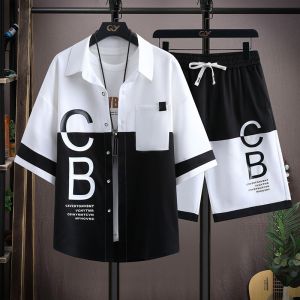 Ice Silk Shirt Set Mens Short Sleeve Summer New Trend Brand Casual Sport Shorts Two Piece Set Youth Popular Loose Fit Garment