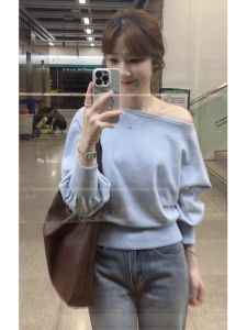 BINKAFENNY | Korean Style Short Knitted Sweater Asymmetrical Shoulder Design Chic Top For Women Autumn Commute Fashion Casual Long Sleeve