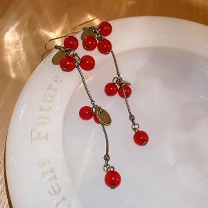 Elegant Long Red Fruit Design Womens Earrings Fashionable Vintage Alloy Jewelry Ear Hooks Plant Floral Style Korean Fashion