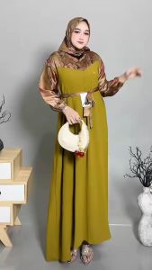 Gamis Set Hijab Wanita Remaja Dewasa Lebaran Lengan Karet Busui Resleting Depan Motif Bunga All Size Cringkle