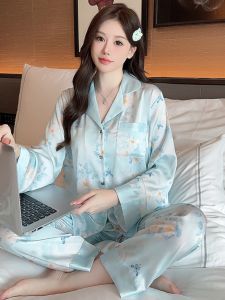 New 2025 Womens Ice Silk Thin Long Sleeve Long Pants Sleepwear Sweet Home Clothes Set Outerwear Comfortable Autumn Fashion