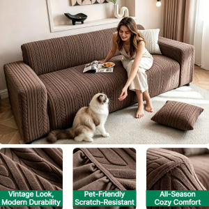 Jacquard Fleece Sofa Slipcover- Elastic Full Wrap Non-Slip Sofa Cover All-Season Cozy Comfort Pet-Friendly & Scratch-Resistant