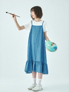 KECHU | Lightweight Classic Denim A-Line Dress with Polka Dots and Straps For Summer