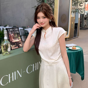 chaqi | Áo Sơ Mi Cổ Trụ Kiểu Trung Quốc Tay Ngắn cho Phụ Nữ