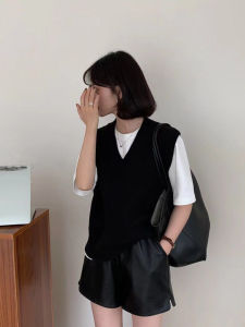 Autumn Winter Loose Womens Knitted Black Vest Versatile Sweater Top Trendy Outerwear Fashionable V-Neck Solid Color