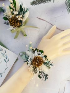 Mori Style Full Dried Flower Eternal Life Hydrangea Pine Cone Corsage Wrist Flower Handed Flower Bride and Bridesmaid Wedding Graduation Ceremony