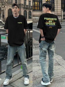 Summer Heavyweight 270g Mens Short Sleeve T-Shirt American High Street Letter INS Trendy Design Small Collar Half Sleeve Top