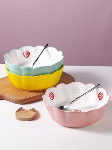 Deep Dish Ceramic Plate Lotus Underglaze Strawberry Pattern Dessert Fruit Plate Fresh Style Home Use Nordic Style round Shape