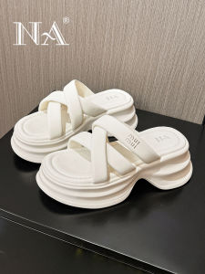 NA Thick Heel Sandals Womens Summer New Small Size Heightening Beach Casual Outdoor Wear Slip-On Shoes round Toe Synthetic Leather