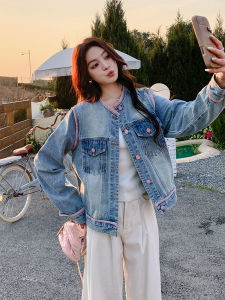 Korean Style Short Casual round Neck Denim Jacket Womens Spring New Design Color Block Top Button up Shirt for Young Ladies