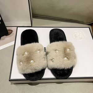 Export New Arrival Furry Flats Slippers for Women Fashion Slippers Home Large Fur Pearl Opening Cotton Slippers Cross-Border