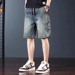 American Style Heavyweight Mens Denim Shorts Summer New Loose Five-Quarter Elastic Waist Large Size Trendy Brand Mid-Pants
