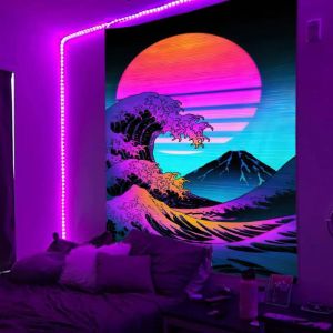 VIKAMA Black Light Great Wave Kanagawa Setting Sun Fuji UV Active Tapestry Trang Trí Tường Nhật Bản Mềm Mại Bền Bỉ Quà Tặng Ấm Cúng Cho Phòng Ngủ Phòng Trò Chơi Phòng Khách