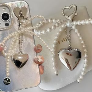 Korean Sweet Pearl Bow Heart Keychain Y2K Aesthetic Bowknot Heart Keyring Key Holder For Girls Charm Bag Pendant Accessories
