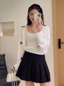 เสื้อคาร์ดิแกนถักแขนยาวสไตล์เกาหลีพร้อมโบว์ผีเสื้อแบบโปร่งใส ชุดสองชิ้น สไตล์เรโทร ทรงหลวม โพลีเอสเตอร์