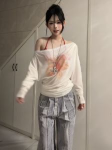 Retro American Style Long Sleeve T-Shirt Womens Summer Breathable Micro-Permeable Printed Diagonal Shoulder Commute Top